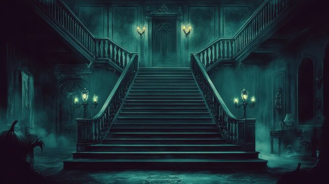 old hotel interior with grand staircase, halloween scene in haunted castle, decorative card design, background, wallpaper, banner and poster