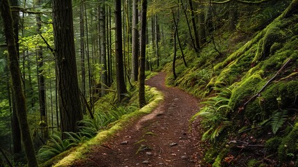 Obraz premium A winding dirt path through a lush, green forest, with tall trees and ferns lining the sides.