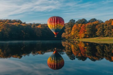 Fototapeta premium A single hot air balloon drifting peacefully over a mirror-like lake, with its reflection perfectly visible in the still water below, surrounded by autumn trees