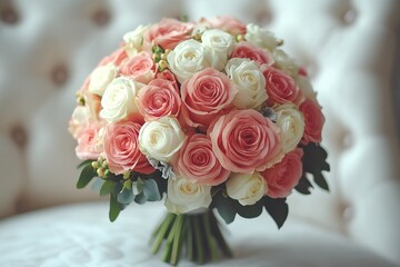 Bouquet of pink and white roses is lying on a chair