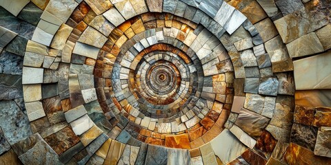 Fototapeta premium A mesmerizing spiral design showcasing a variety of textured stones and colors. This image captures the essence of natural stone art. Perfect for home decor or artistic inspiration. AI