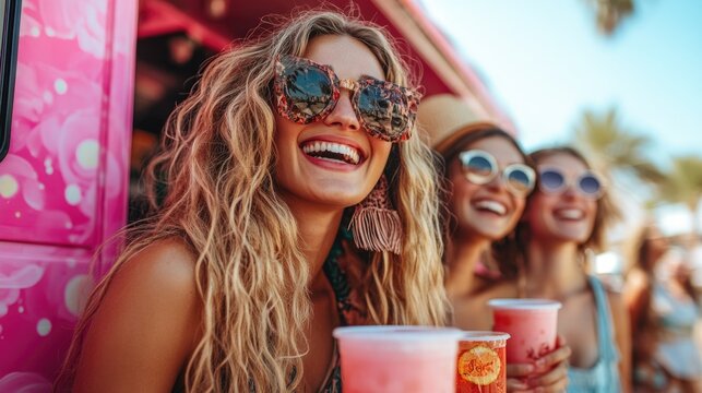 Young woman smiling while holding a drink at a music festival
