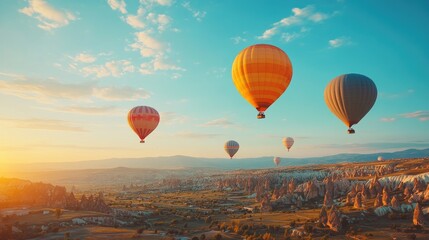 Fototapeta premium Hot air balloons floating over cappadocia turkey during magical sunrise