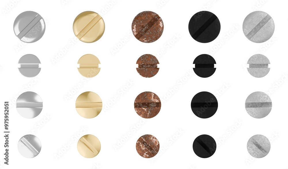 Wall mural Collection or set of slotted screw heads with different materials, isolated on white background, design element collection