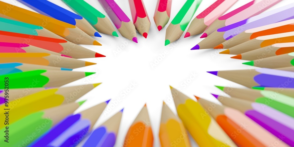 Poster large circle of randomly colored pencils offset on white background with copy space and selective fo