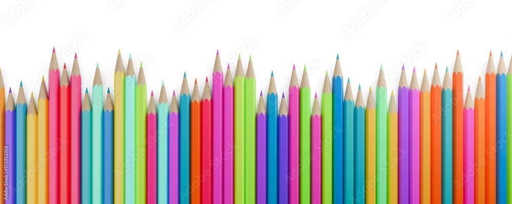 Poster horizontal row of colorful pencils randomly offset on white background with copy space flat lay, bac