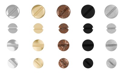 Collection or set of slotted screw heads with different materials, isolated on white background, design element collection
