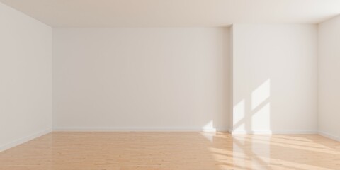 Empty blank white room background with window shadow on the back wall and wooden floor, modern interior template