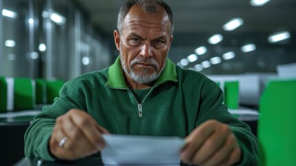 A mature man with a stern expression holds a paper while sitting in an office, concentrating on its contents.
