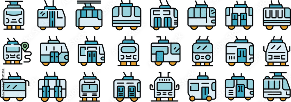 Poster trolleybus icons set. outline set of trolleybus vector icons thin line color flat on white backgroun