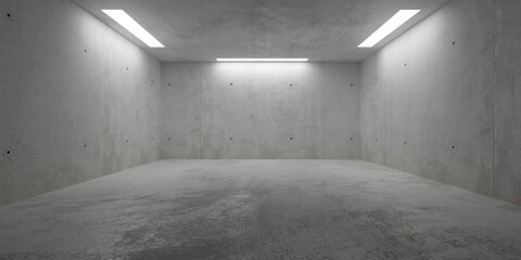 Abstract empty, modern concrete room with three fluorescent tube lights and rough floor - industrial interior background template