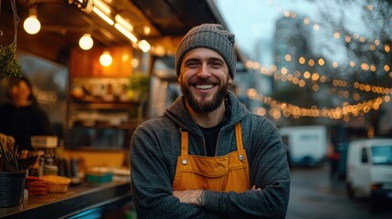Obraz premium Smiling food truck owner posing with crossed arms