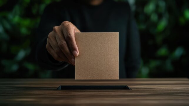 A close-up of a hand placing a card into a ballot box, symbolizing voting, elections, and civic responsibility, set against a green background. - Powered by Adobe