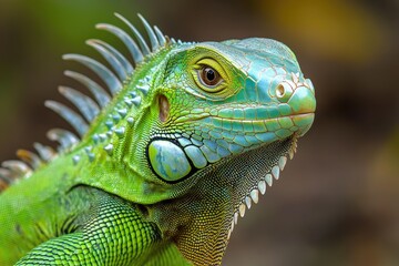 Fototapeta premium Green iguana posing on a tree branch in a tropical forest