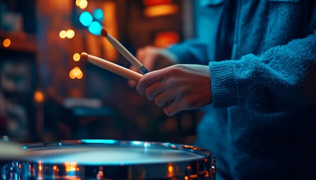 Musical percussion drum kit. International Music Day.  Energetic atmosphere during a jazz performance. Jazz  day.