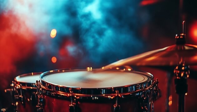 Musical percussion drum kit. International Music Day.  Energetic atmosphere during a jazz performance. Jazz  day.
