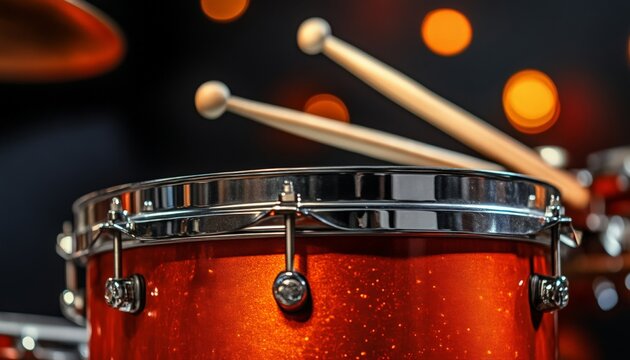 Musical percussion drum kit. International Music Day.  Energetic atmosphere during a jazz performance. Jazz  day.