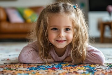 Fototapeta premium Happy little girl lying on the floor playing with puzzle