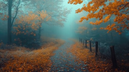 Path leading through foggy autumn forest with colorful foliage © Lubos Chlubny