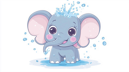Obraz premium Cute cartoon elephant spraying water, simple flat illustration, white background