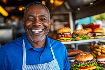 Senior smiling African street vendor in blue uniform offering burgers from his vibrant food truck. Small business concept.