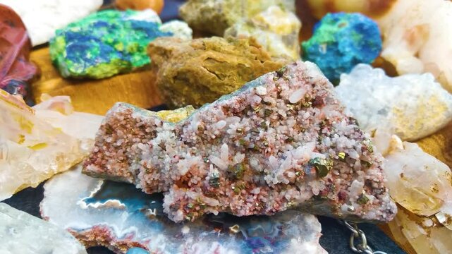 colorful various uncut and raw mineral stones, gemstone and healing stone collection