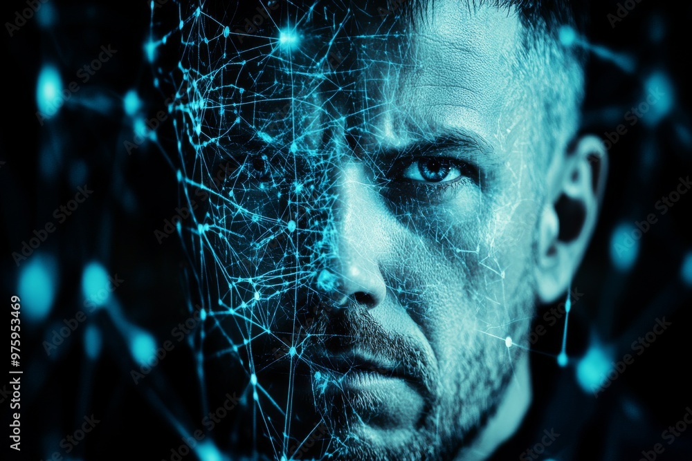 Poster portrait of man with digital neural connections covering half of his face symbolizing blend of human