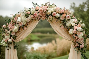 Wedding ceremony location decorated with lush pastel flowers