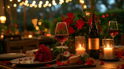 Romantic Dinner Table Setting with Wine, Roses, and Candles