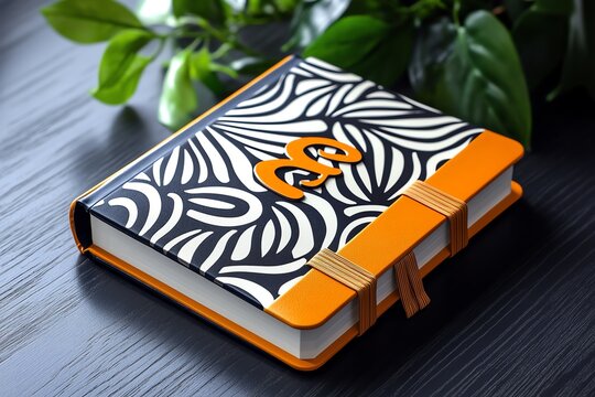 A bold notebook with a monochromatic cover, featuring oversized initials or strong, abstract patterns