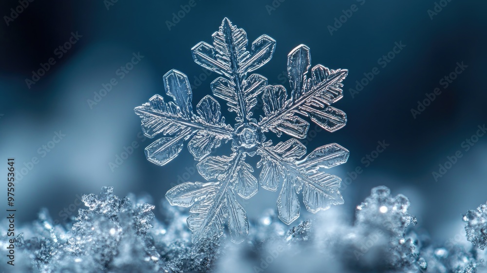 Poster real snowflake standing out from snow on blue background