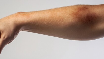 Close-up of a bruised elbow on a solid white background showcasing the impact and healing process of an injury. Bruised.