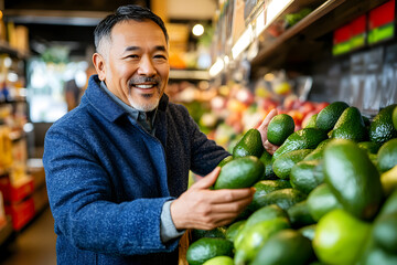 Fototapeta premium Middle age Asian man in blue coat shopping for green avocados in the produce section of a supermarket. Healthy lifestyle.