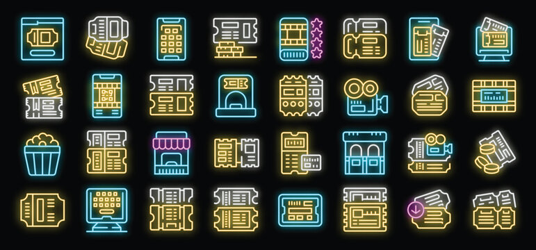 Big set of neon ticket icons showing ticket purchase, online booking and different types of tickets