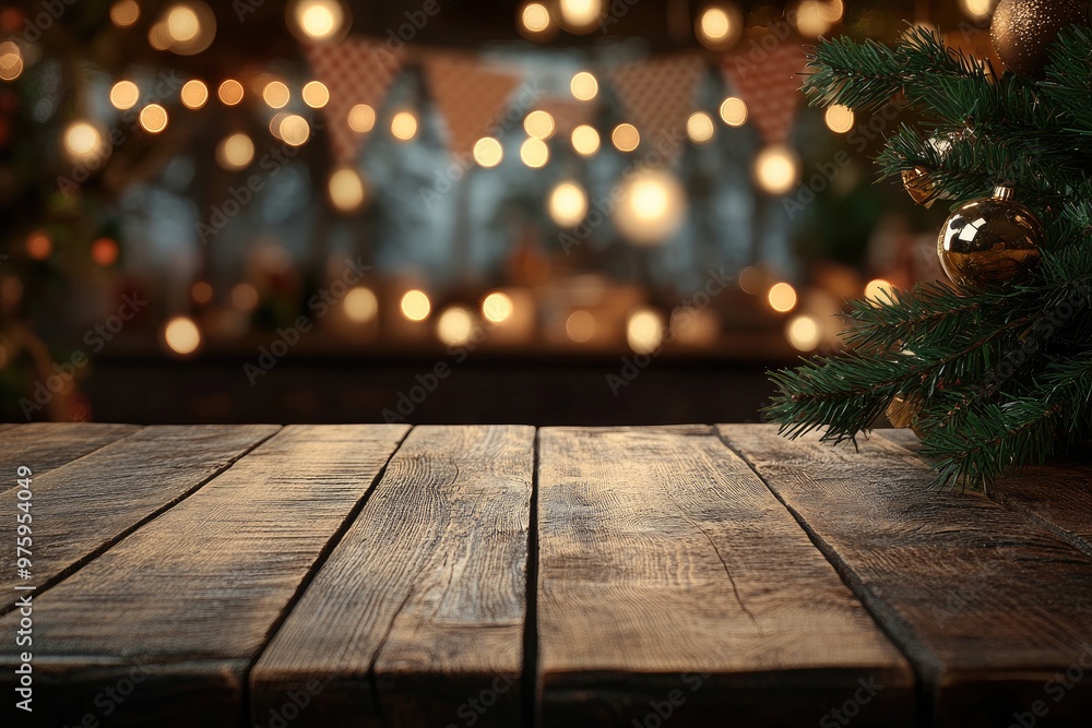 Poster empty wooden table with christmas tree branch over blurred restaurant background