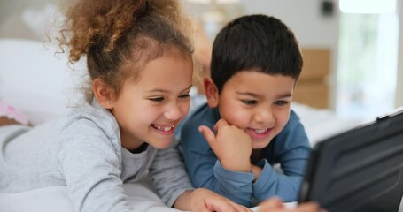 Children, watching and tablet for streaming in home on web, internet or app for entertainment. Siblings, little girl and boy with technology for learning, game and fun in childhood, bond and together