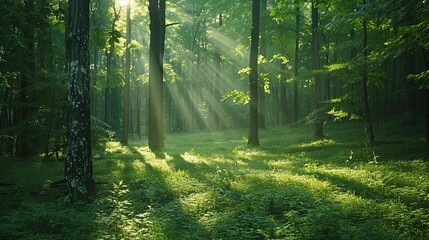 Obraz premium Sunbeams Illuminating a Lush Forest Floor