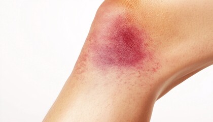 Close-up view of a swollen bruise on the shin showcasing shades of purple and blue, emphasizing the impact and pain of injury. Bruised.