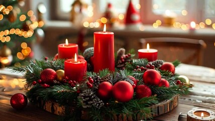 A beautifully arranged Christmas holiday centerpiece with red candles and ornaments rests on a wooden table, surrounded by greenery in a cozy, festive environment