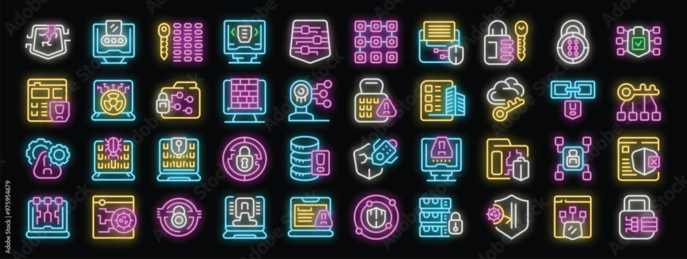 Poster cybersecurity neon icons featuring data encryption, secure networks, virus protection, and more