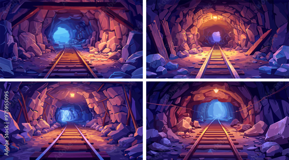 Poster Mine passage cartoon vector concepts. Stones boulders underground shaft cavern railways timber planks gold extraction miners quarry derelict crypts scenes illustrations