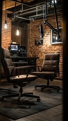 Podcast Room with Sofa Chairs, Exposed Brick, and Professional Microphone