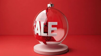 A decorative ornament highlights a sale message in bold letters, surrounded by sparkling red glitter, creating a festive and inviting display.