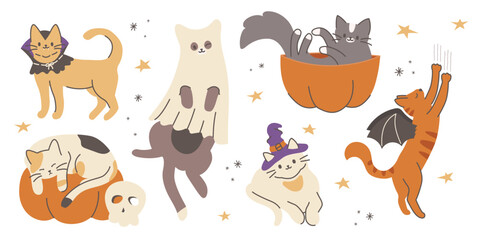 Cats in a Halloween costume. Cute cartoon cats in a vampire costume, ghost, witch hat, with bat wings. A kitten lying in a pumpkin. Cat characters for social media, stickers, fall festivals, prints.