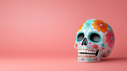 A sugar skull decorated with vibrant floral patterns, set against a pink background, symbolizing the Day of the Dead celebration.