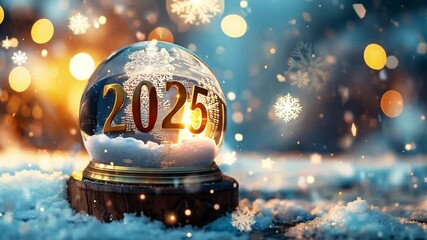A snow globe displays the year 2025, surrounded by twinkling lights and falling snowflakes in a cozy winter atmosphere, New Year background - Powered by Adobe