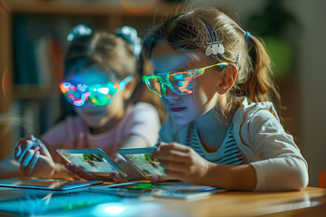 Kids using AR apps on tablets to overlay engaging educational content onto physical objects.