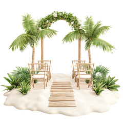 Fototapeta premium Tropical beach wedding setup with an arch, chairs, and palm trees