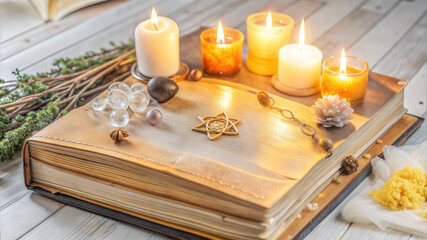 Closed golden book surrounded by candles, crystals, and decorative items on a rustic wooden table
