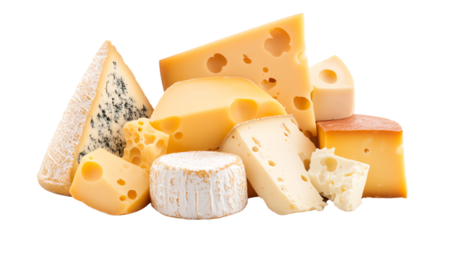 An assortment of various cheese types ranging from soft to hard textures
